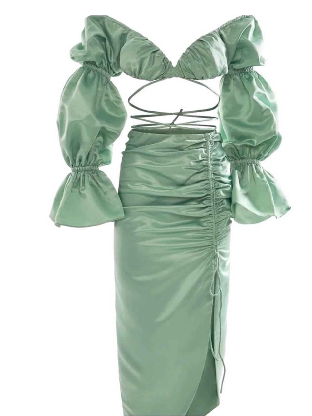Alamour The Label Satin Ruched Midi Set in Sage Green